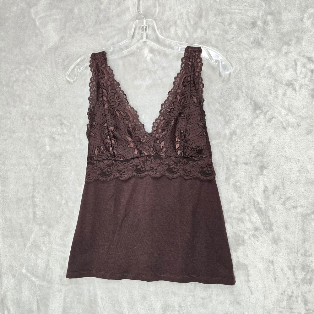 Y2K WetSeal Tank Top Women L Brown Lace Trim Empire Waist Tie Back Stretch Fairy - Picture 8 of 9